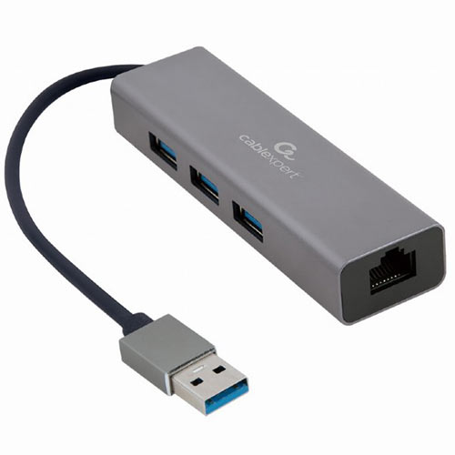 CABLEXPERT RJ45 GIGABIT NETWORK ADAPTER με USB 3.0 HUB 3 θέσεων USB-A Γκρί