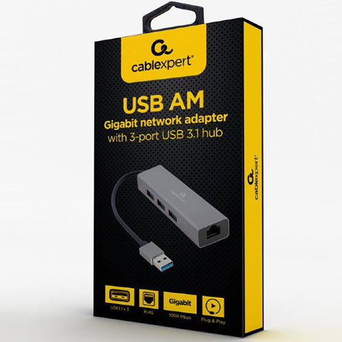 CABLEXPERT RJ45 GIGABIT NETWORK ADAPTER με USB 3.0 HUB 3 θέσεων USB-A Γκρί