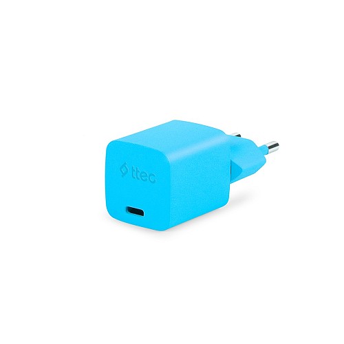 SmartCharger GAN 20W PD Ταχυφορτιστής Ταξιδιού USB-C - USB-C 3A Καλώδιο  120cm, Neon Μπλέ